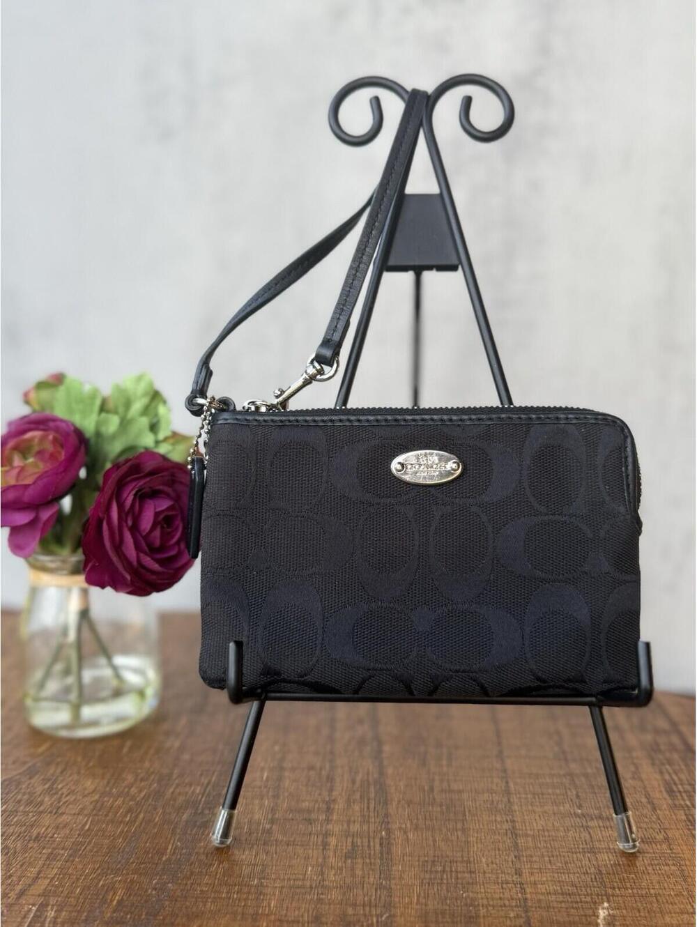 Coach Black Signature Jacquard Corner Zip Wristlet Wallet Silver Hardware